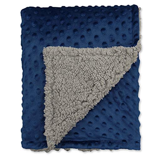BlueSnail Toddler Crib Minky Blanket with Plush Shepra Fleece (Navy+Light Gray, 40Wx 60L)