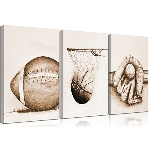 3Pcs Sports Wall Art Football Baseball Basketball Theme Painting Picture Wall Decor Vintage Sport Poster Print Artwork for Boy Room Playroom Bedroom Gameroom Home Decoration
