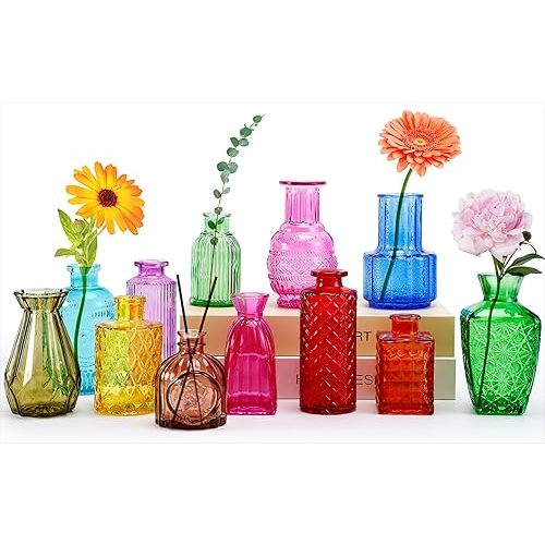 12 Pcs Glass Bud Vases, Colorful Bud Vase Set, Small Decor Vintage Vase, Colored Flower Vases for Centerpieces, Glass Bottles for Wedding Home Table Decorations Gifts (Multicolor)