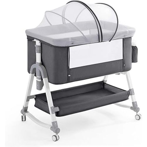 3 in 1 Baby Bassinet,Easy Folding Portable Bedside Crib with Comfy Mattress and Wheels,Height Adjustable Bassinet with Mosquito net Included,Grey