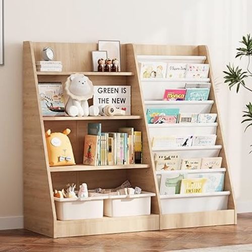 NACHES 4 Tier Kid Bookshelf Wooden 6 Sling Children Bookcase Toddler Montessori Bookcase Book Rack Display Toy Storage Organizer Book Display Shelf Stand Classroom Bedroom Nursery Playroom (Burlywood)