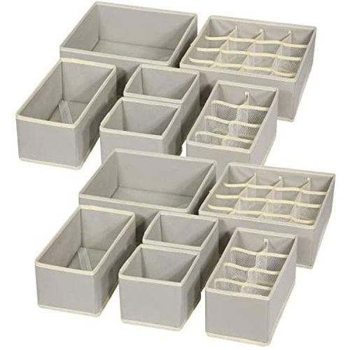 TENABORT 12 Pack Foldable Drawer Organizer Dividers Cloth Storage Box Closet Dresser Organizer Cube Fabric Containers Basket Bins for Underwear Bras Socks Panties Lingeries Nursery Baby Clothes Gray