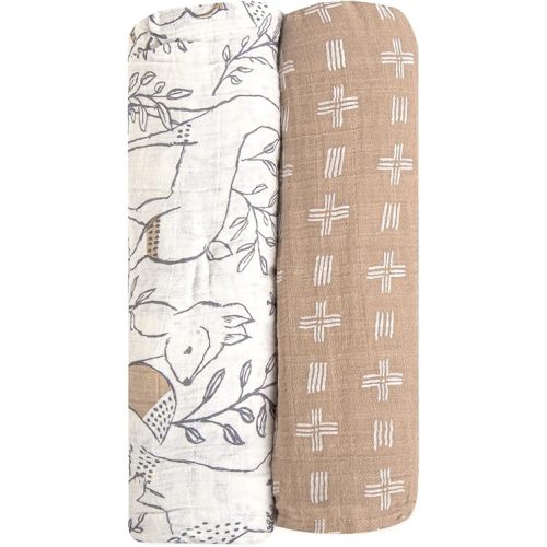 Crane Baby 100% Cotton Muslin Swaddle Blankets, Set of 2, 47" x 47", Boho Woodland Baby, Forest Animals Swaddle, Neutral Baby Items