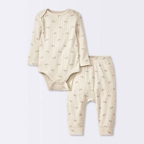 Baby 2pc Weiner Dogs Wide Ribbed Top & Bottom Set - Cloud Island™ Khaki Newborn: Cotton Bodysuit & Pull-On Pant, Animal Pattern