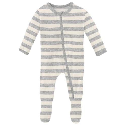 Print Footie with 2 Way Zipper in Heathered Mist Sweet Stripe