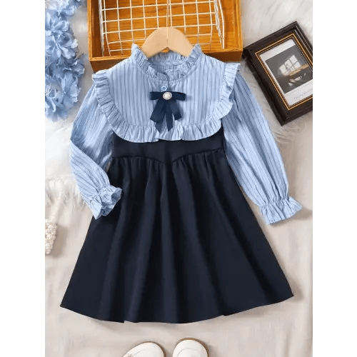 Elegant Girls Splicing Ruffle Trim Stripped Long Sleeve Dress Spring Fall Gift Preppy Style