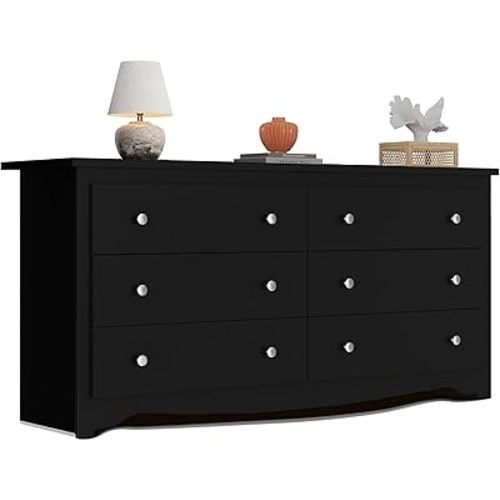 WLIVE Black Wooden Dresser for Bedroom, 6 Drawers Chest of Drawers, 59" Wide Modern Dresser Closet Storage Organizer for Living Room Hallway