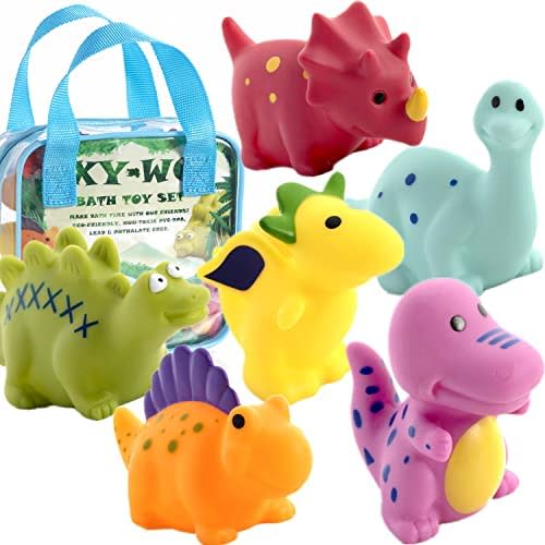 Mold Free Dinosaur Bath Toys for Toddlers/ Infants 6 - 12- 18 Months, No Hole No Mold Bathtub Toys, 1 2 3 4 Years Old Kids (6 Pcs with Storage Bag)