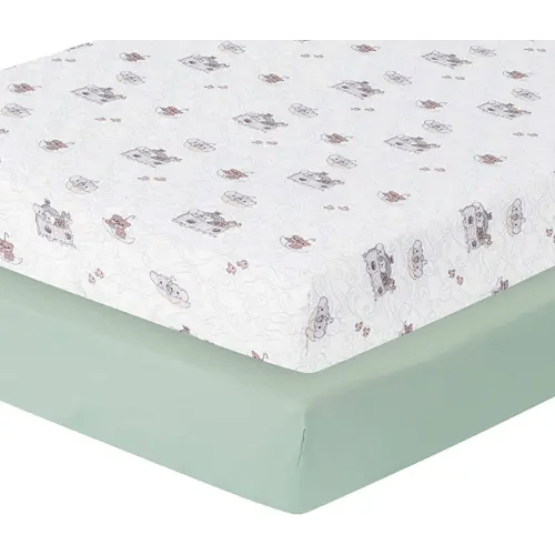 Precious Moments Noah’s Ark Fitted Crib Sheet 2 Pack for Baby Boy by Everyday Kids; 1 Animals on the Ark Printed Crib Sheet and 1 Solid Bright Green; Adorable Wildlife Elephants, Giraffes, Bears Print