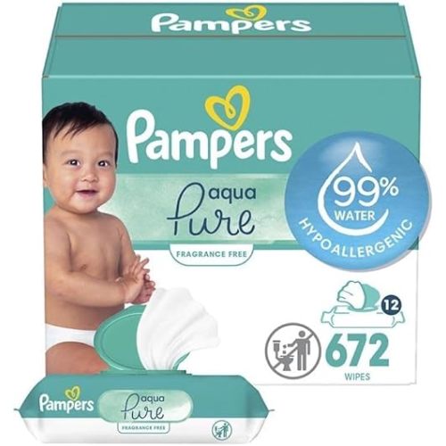 Pampers Baby Wipes Aqua Pure, 99% water-based wipes, Hypoallergenic and Unscented Baby Wipes, 672 Wipes Total (12 Flip-Top Packs)