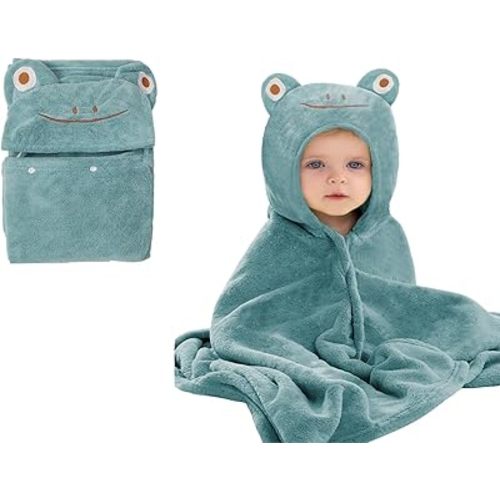 Toddler Bath Towel Baby Towels with Hood 27.5"X55" Ultra Absorbent Soft Bathrobe Blanket Kids Shower Towel for Girls and Boys(Greenish-Blue)