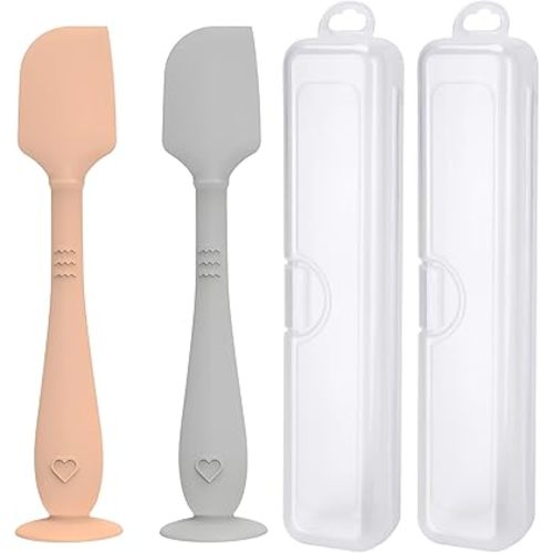 2 Pack Diaper Cream Spatula with Hygienic Travel Case, Butt Spatula Baby with Suction Base, Baby Butt Paste Spatula, Soft Silicone Diaper Rash Cream Applicator Large Size (Brown & Gray)