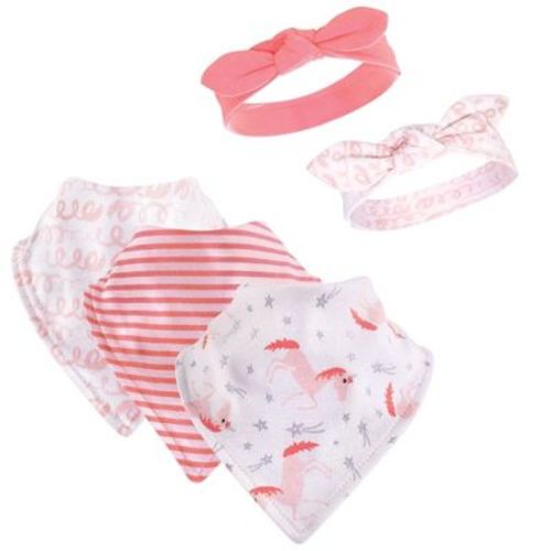 Hudson Baby Infant Girl Cotton Bib And Headband Set 5pk, Coral Unicorn, One Size