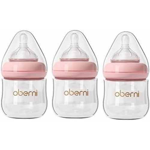 Oberni Glass Baby Bottles,Anti Colic Breastfeeding Bottle with Natural Response Nipple Size S,Wide Neck Slow Flow Baby Bottle for Baby,Newborn,Preemie 0-3 0-6 Month,BPA Free (Pink, 4 Ounce,3 Pack)