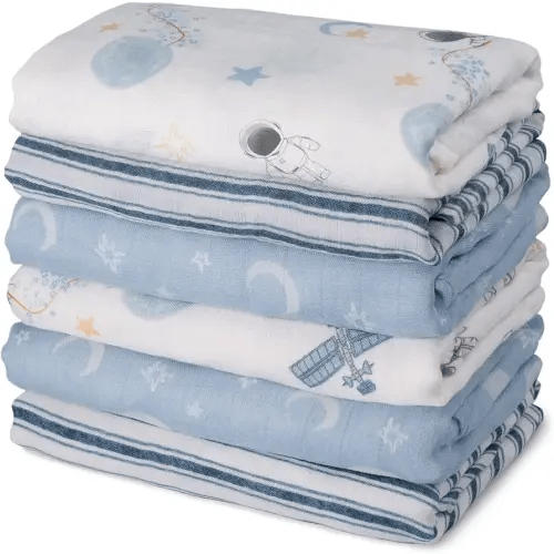 GLLQUEN BABY Receiving Blanket Boy Cotton Muslin Swaddle Blankets Girl Newborn Squares Breathable & Soft Thin Baby Blankets Cloths Double Absorbent Infant Swaddling Wrap - 6 Pack (Blue Astronaut)