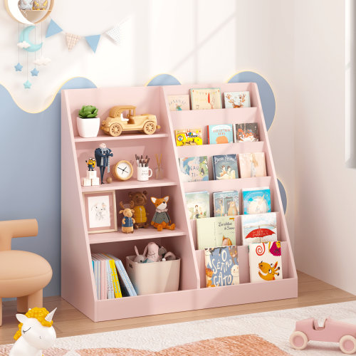 Pink Kids Bookshelf with Toy Storage Bin 2-Tier Display Childrens Room Organizer
