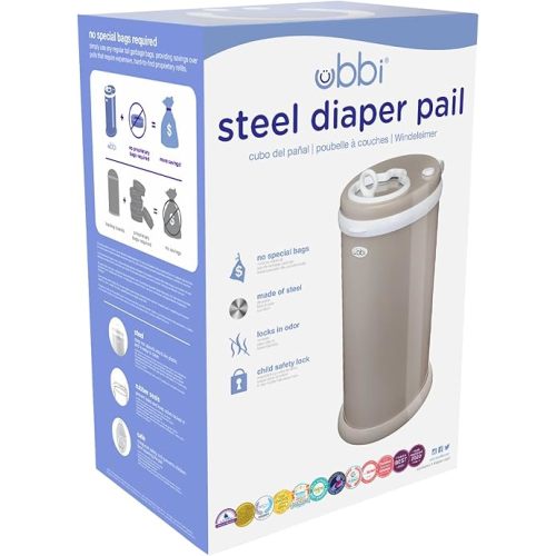 Ubbi Steel Diaper Pail, Odor Locking, No Special Bag Required, Award-Winning, Registry Must-Have, Taupe
