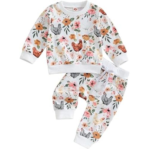 Toddler Infant Girl Boy Farm Outfit Chick& Flower Print Long Sleeve Sweatshirt Jogger Pants 2pcs Fall Winter Clothes