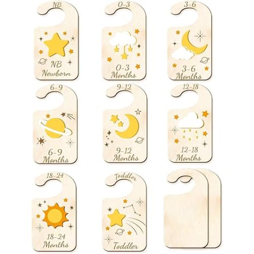 CRASPIRE 10Pcs Wood Baby Wardrobe Dividers Moon Star Sun Nursery Decor from Newborn to 36 Month Hanger Seperaters Baby Closet Organizers Nursery Infant Wardrobe Hangers Divider for Newborn Shower