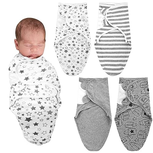 Newwiee 4 Pcs Preemie Baby Swaddle Wrap Adjustable Cotton Preemie Swaddle Blanket for Newborn Boys Girls(Grey Stripe,Fit for Preemies)