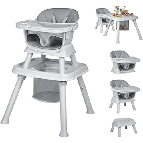 8-in-1 High Chair for Babies and Toddlers, Converts to Dining Booster Seat, Kids Table & Chair Set, Building Block Table, Kids Learning Table, Double Removable Tray, Gray