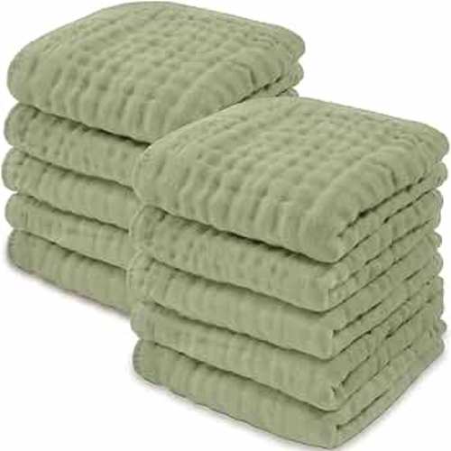 Baby Washcloths, Muslin Cotton Baby Towels, Large 10”x10” Wash Cloths Soft on Sensitive Skin, Absorbent for Boys & Girls, Newborn Baby & Toddlers Bibs & Burp Cloths Essentials Set (Sage, Pack of 10)