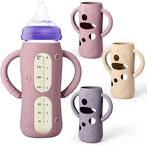 Mity rain 3 Pack Silicone Sleeves for Lansinoh Glass Bottles 8 OZ - Anti Breakage Baby Bottle Holder, Compatible with Lansinoh Glass Bottles for Babies with Handle