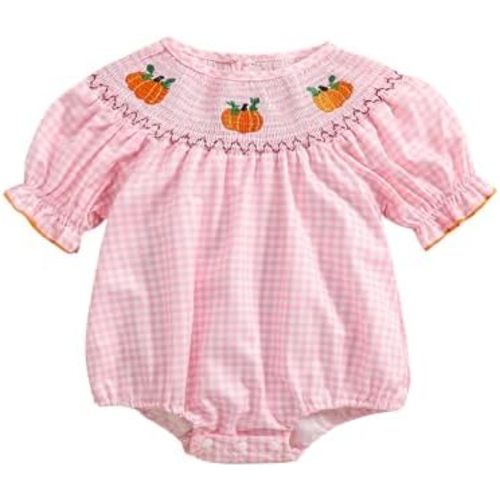 Newborn Baby Girl Smocked Pumpkin Outfit Infant Plaid Bubble Romper Embroidery Halloween Thanksgiving Fall Clothes