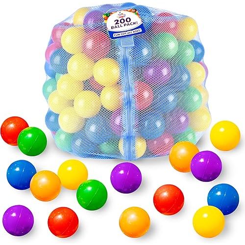 200 Count Plastic Balls for Ball Pit, Phthalate and BPA Free, Crush Proof Play Balls for Ball Pit, Pit Balls in Assorted Colors in Reusable and Durable Mesh Storage Bag with Zipper