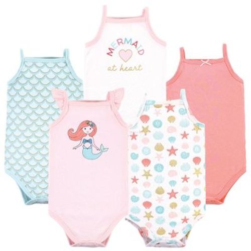 Hudson Baby Infant Girl Cotton Sleeveless Bodysuits, Coral Mint Mermaid, 6-9 Months