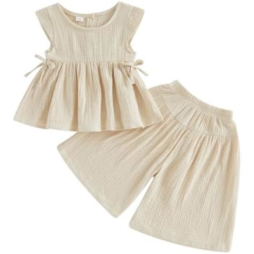 Baby Girl Summer Clothes Outfit Cotton Linen Sleeveless Ruffle Shirt and Wide Leg Pants Toddler Girls Clothes Set