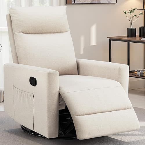 Swivel Rocking Recliner Chair with Extra Large Footrest High Back, Upholstered Glider Nursery Chair for Living Room, Bedroom & Nursery, Comfortable Deep Seat for Relaxation, Beige