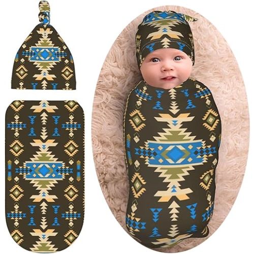 Native Southwest American Aztec Navajo Western Baby Stuff Newborn Baby Swaddle Blanket Western Wrap Blanket Soft Sleep Sacks With Beanie Hat Sets Gifts For Infant Boys Girls