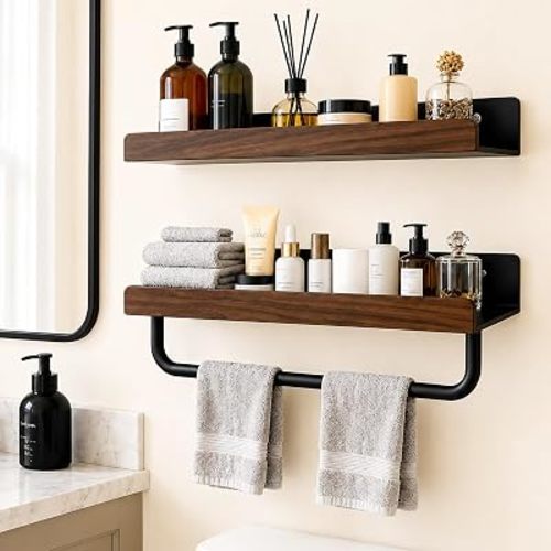 Floating Shelves for Wall Set of 2,Aluminum Bathroom Organizers and Storage with Towel Bar,16" × 6.5" Walnut Bathroom Shelf Over Toilet,Storage Shelves for Plants,Toilet Paper or Bath Towels