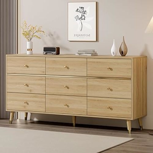 9 Drawer Dresser,63" Wide Mid Century Modern Chest of Drawers,Wooden Bedroom Drawer Dresser with 9 Storage Drawers for Bedroom, Living Room,with Anti-Tipping Device,Timber