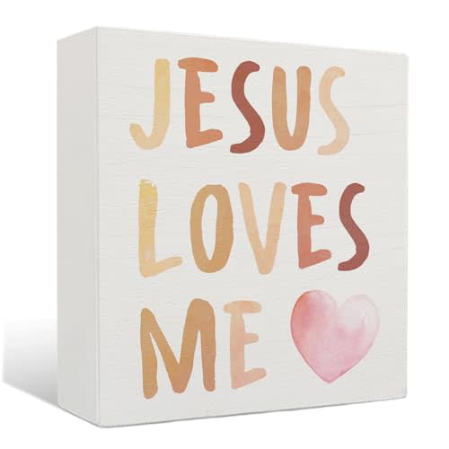 Nrleey Baby Girl Nursery Decor -Boho Christian Jesus Loves Me Wooden Box Signs, Boho Nursery Decor for Girl, Neutral Nursery Decor, Christian Room Decor, 5 X 5 Inches