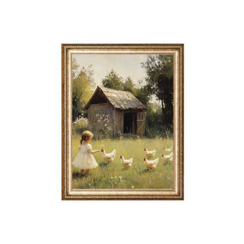 Little Girl Feeding Chickens in Sunny Meadow, Rustic Farmhouse VINTAGE Oil Painting, Cottagecore Wall Art, Printable Wall Art,Digital Prints