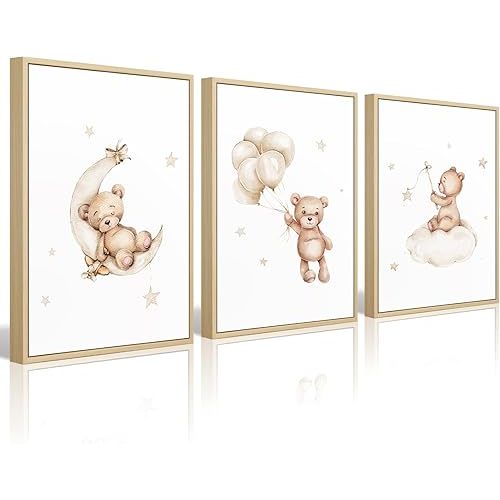 Bear Nursery Wall Art Decor Set of 3 Teddy Bear Canvas Wall Art Baby Boy Nursery Prints Nursery Pictures Wall Decor Moon Star Cloud Neutral Nursery Print for Girls Children Room 12x16 Inch FRAMED