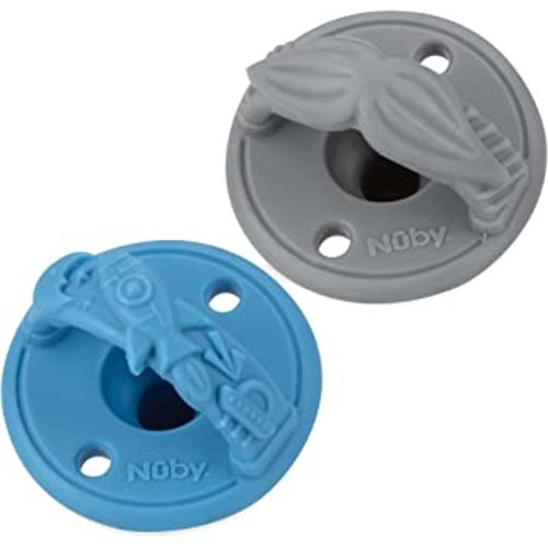 Nuby 3-D Sili Soother Pacifiers with Soft Handle and Two Safety Air Holes, 2 Pack, 0+ Months, Blue Spaceship and Gray Mustache
