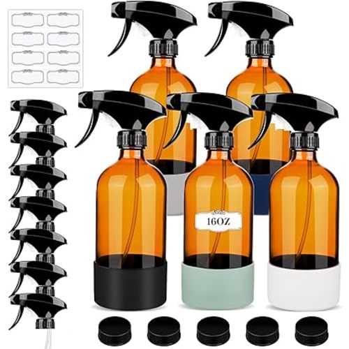 5 Pack/16 Oz Glass Spray Bottles, Refillable Empty Containers with Silicone Sleeve, Upgraded Adjustable Nozzle Spray Bottle Sets for Cleaning, Essential Oils, Hair (Amber)