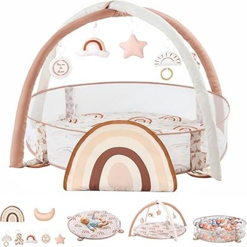 Crisschirs 6-in-1 XL Large Baby Gym & Ball Pit, Play Mat & Play Gym, Combination Baby Activity Gym with Milestone Cards for Sensory Exploration and Motor Skill Development, Balls are not Included