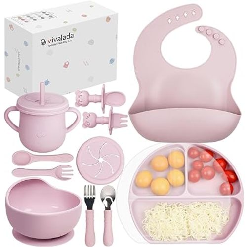 Silicone Baby Feeding Set - 12PCS Baby Led Weaning Supplies, Baby Suction Plate with Lid and Bowl Set, Baby Self Feeding Spoons Forks Sippy Cup and Bib, Baby Eating Set 6+ Months (Pink)