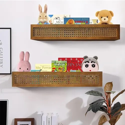Lixintray Rattan Wall Shelf 24 Inch Set of 2 - Boho Floating Shelf for Nursery Decor & Playroom Decor, Wall Bookshelf for Kids, Nursery Bookshelf, Floating Bookshelf for Kids Room