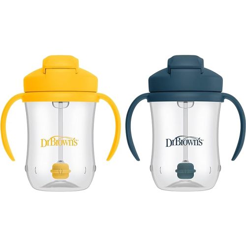 Dr. Brown's Milestones, Baby's First Straw Cup Sippy Cup with Straw, 6m+, 9oz/270ml, 2 Pack, Dark Blue & Vintage Yellow, BPA Free