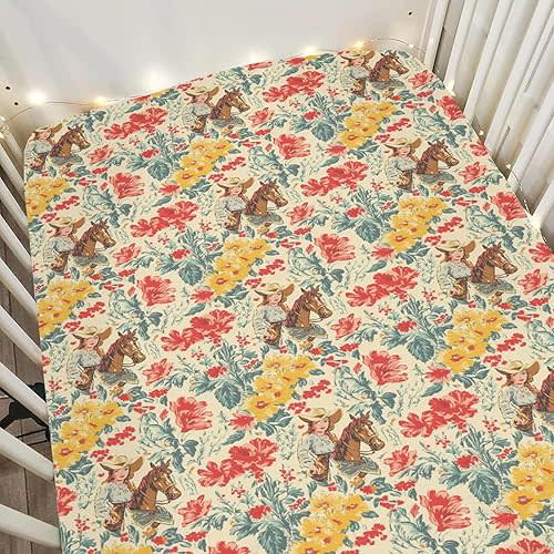 Vintage Cowgirl Flowers Baby Crib Sheets for Boy Girl 52"x28" Western Cowgirl Floral Soft Stretchy Fitted Crib Mattress Cover Wild Desert Baby Sheet for Standard Crib & Toddler Mattress Pad