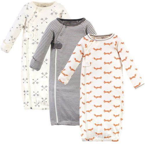 Touched by Nature Baby Organic Cotton Zipper Long-Sleeve Gowns 3pk, Orange Fox, 0-6 Months