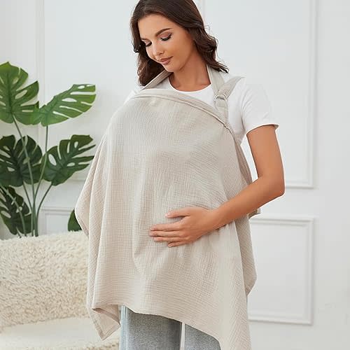 Muslin Nursing Cover for Breastfeeding, Breathable 100% Cotton Privacy Nursing Covers with Rigid Hoop for Mother Nursing Apron, Include Burp Cloths, Soft Arch Neckline Nursing Apron (Gray)