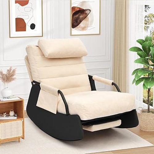 Polar Aurora Rocking Chair,Nursery Rocking Chairs with Soft Seat and Headrest,Corduroy Fabric Accent Chair with Side Pocket,Glider Rocking Chair for Bedroom/Living Room/Nursery. (Beige/Black)