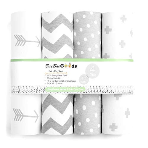 Pack n Play Sheets – Premium Pack and Play Sheets 4 Pack – 100% Super Soft Jersey Knit Cotton Playard Mattress Sheets – Portable Playpen Fitted Play Yard Mini Crib Sheet for Boy & Girl (24 x 38 x 5)