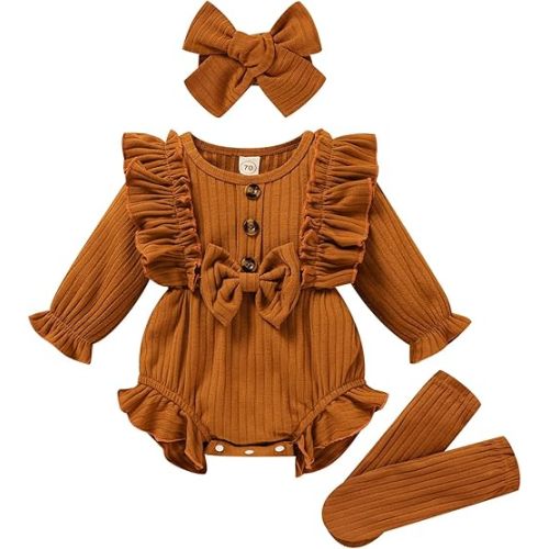 GRNSHTS Newborn Baby Girl Clothes Ruffle Solid Sweater Long Sleeve Romper+Hairband+Socks 3Pcs Fall Winter Outfits